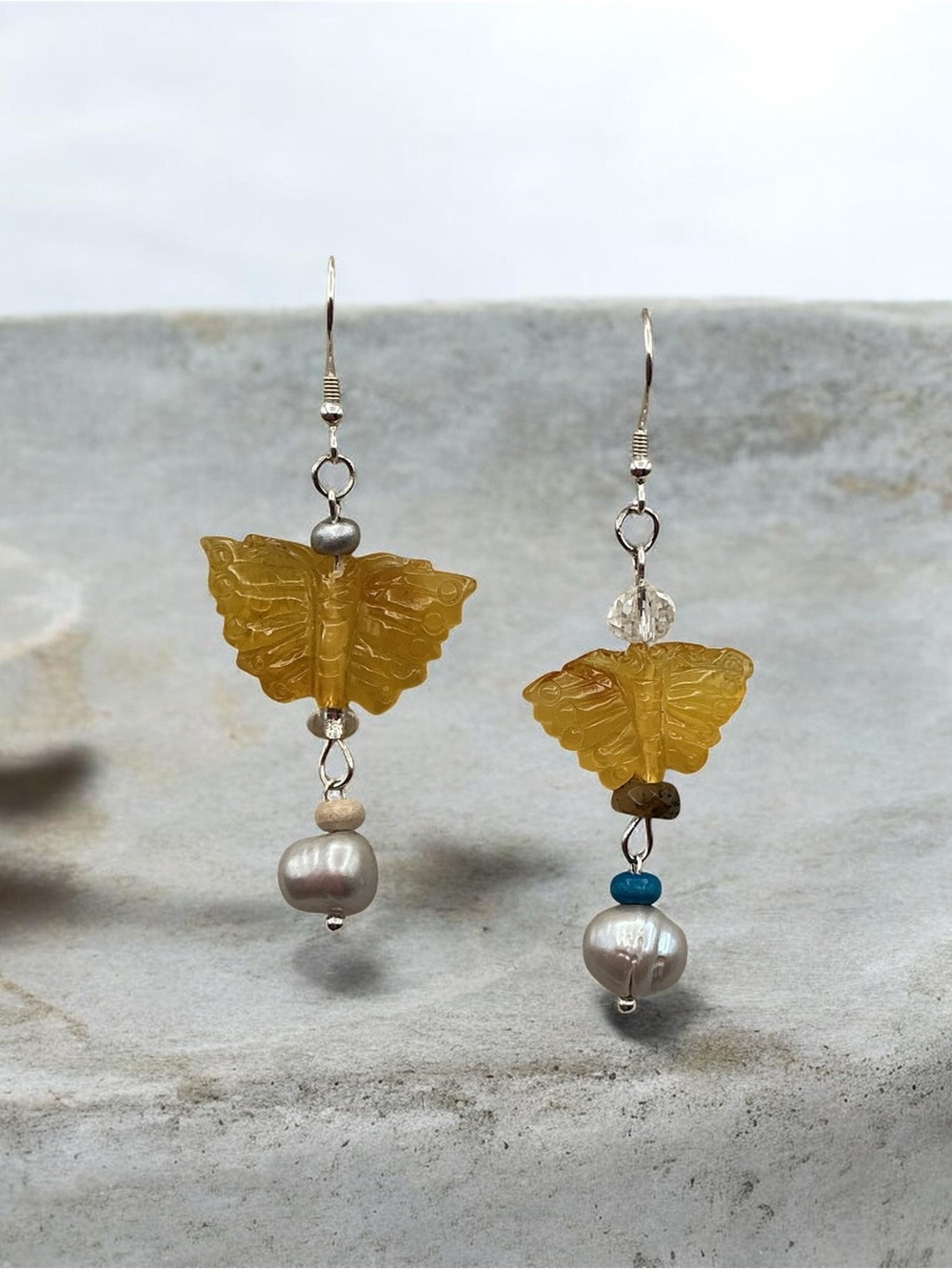 Yellow Amber Butterfly Pearl Drop Earrings